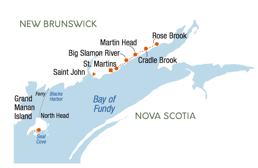 Hiking tour map for the Bay of Fundy, New Brunswick.